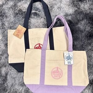 Trader Joe’s Large Canvas Tote Bundle Lavender Navy 20” Reusable Grocery Bag NEW